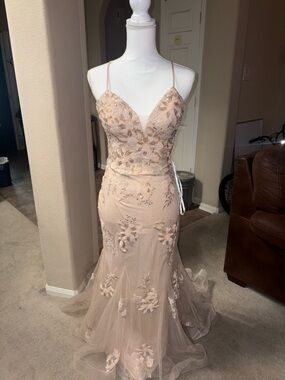 Embroidered Spaghetti Strap Mermaid Gown - Blush